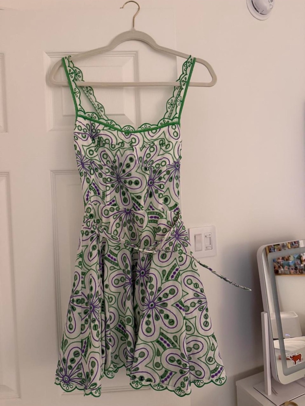 Charo Ruiz White Mini Dress with Green & Purple Floral Embroidery